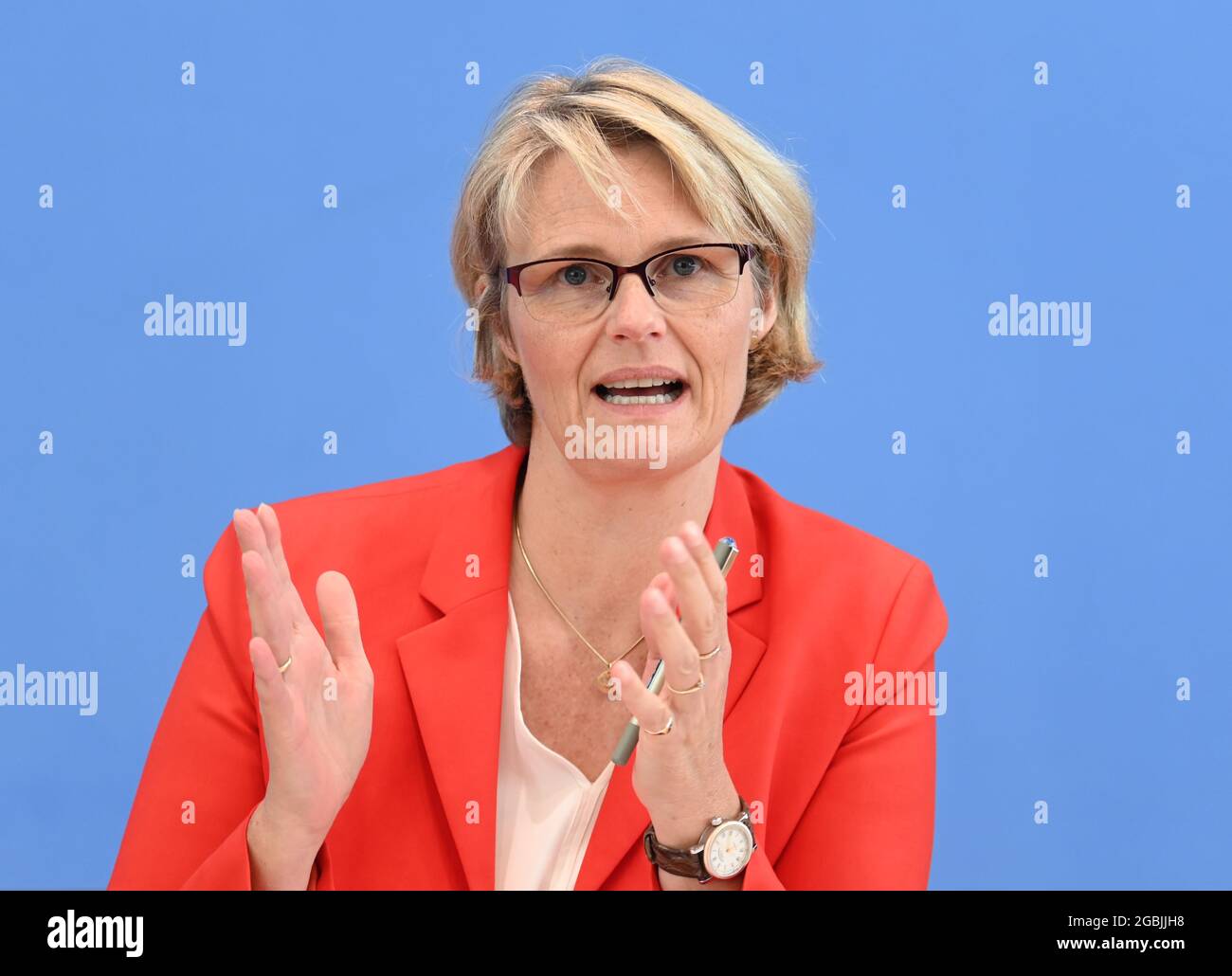 Berlin, Germany. 04th Aug, 2021. Anja Karliczek (CDU), Federal Minister of Education and Research, speaks during a press conference on the state of research against anti-Semitism and right-wing extremism side by side. Credit: Soeren Stache/dpa-Zentralbild/dpa/Alamy Live News Stock Photo