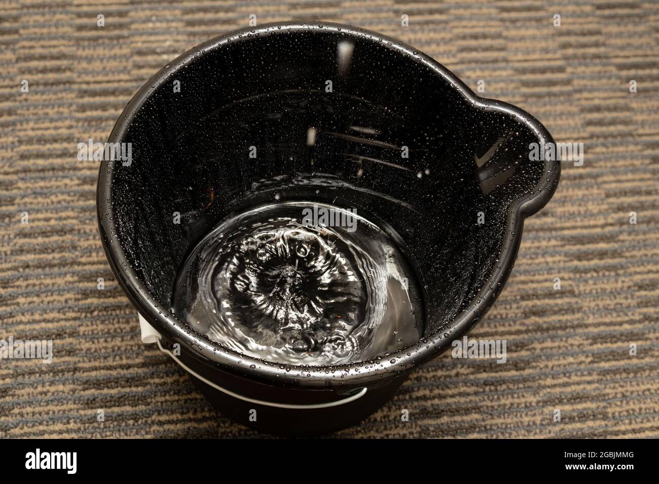 Black bucket catching dripping water. Active water leak in ceiling. Someone placed a catch container as damage prevention for carpet and floors. Selec Stock Photo