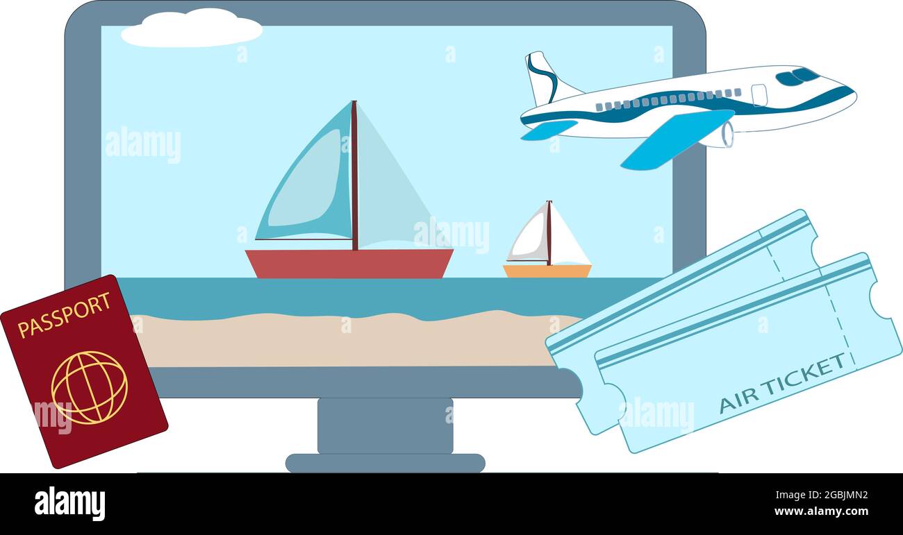 Vector illustration. Concept for booking air tickets online, planning a tourist trip Stock Vector