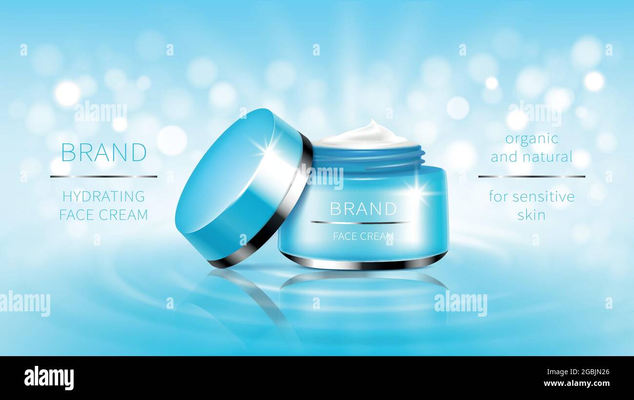 Vector cosmetic banner with 3d realistic blue open jar for skin care cream, ready mockup for promotion brand. Beauty product concept illustration with wavy water surface and bokeh for glossy magazine Stock Vector