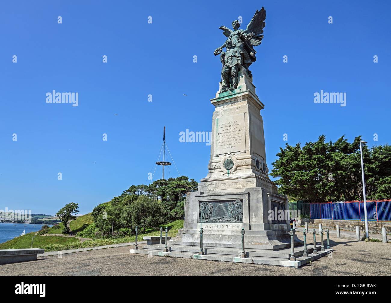 Memorial to Scott and his crew at Mount Wise in Devonport. A public park overlooking the Hamoaze and Cornwall. Stock Photo