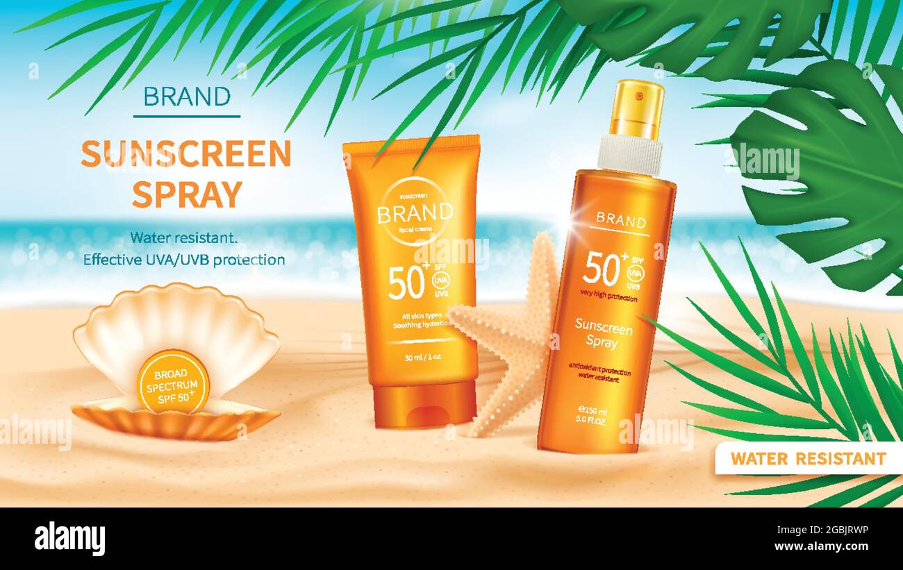 Sunscreen cosmetics on sea or ocean background with sandy beach, shell ...