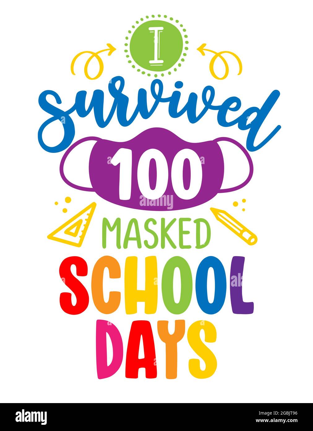 I survived 100 masked school days - Online school e-learning poster with text for self quarantine. Hand letter script motivation sign catch word art d Stock Vector