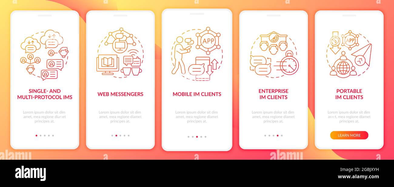 Instant messaging software type red onboarding mobile app page screen Stock Vector
