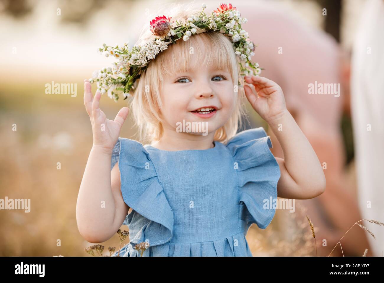 little girl is wearing a flower wreath on her head in a field on summer ...