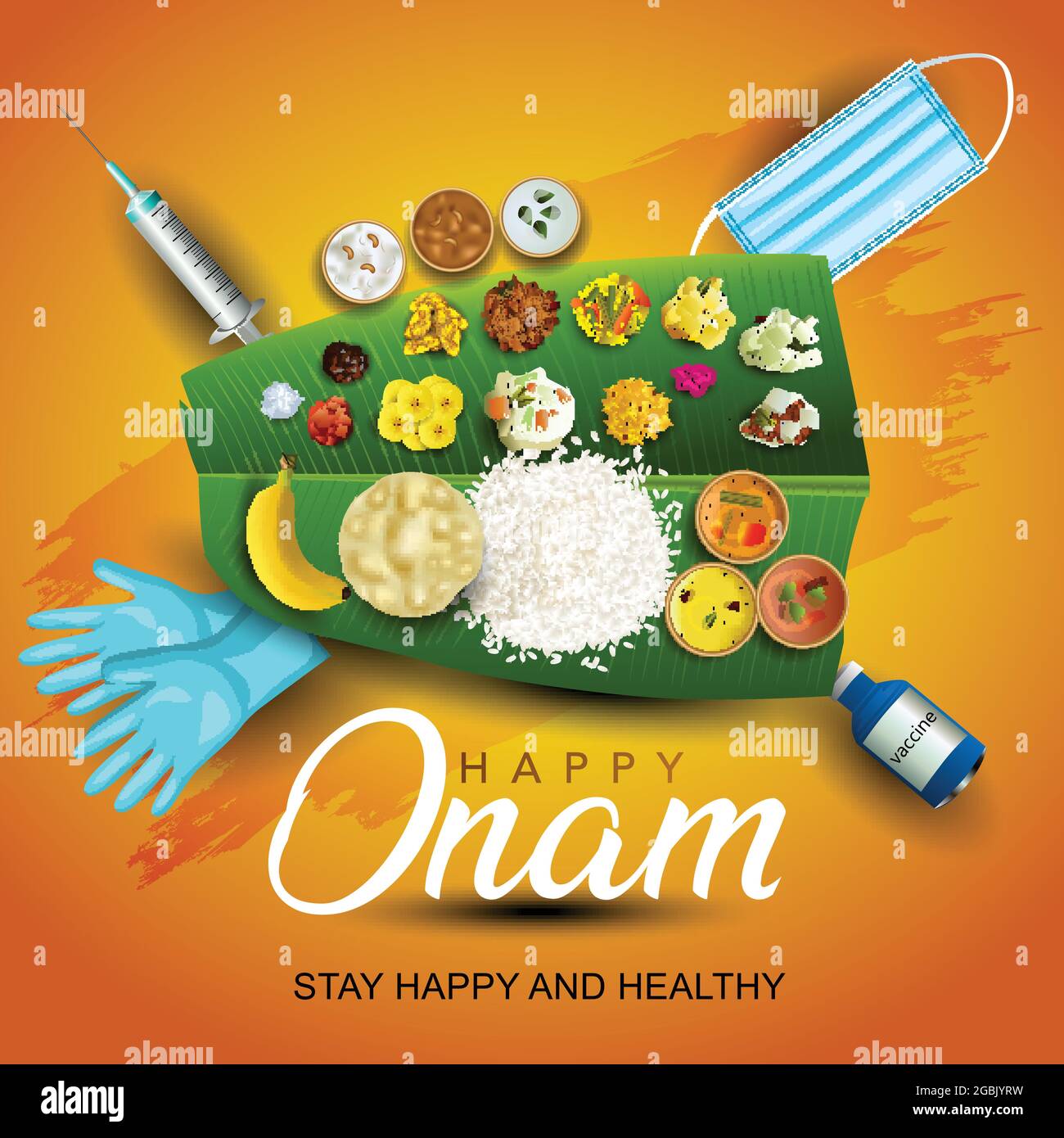 Kerala festival Happy Onam background with traditional food (onasadya)  served on banana leaf. Vector illustrationdesign. covid-19, corona virus  concep Stock Vector Image & Art - Alamy