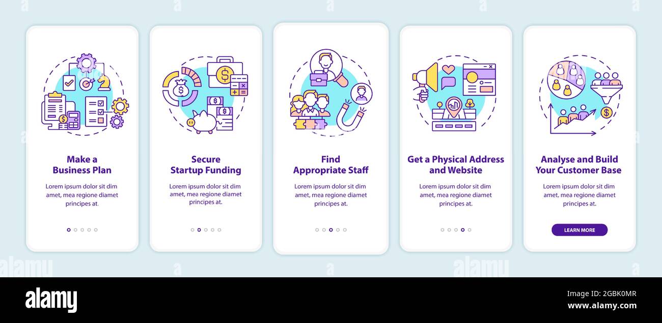 Startup launch steps onboarding mobile app page screen Stock Vector