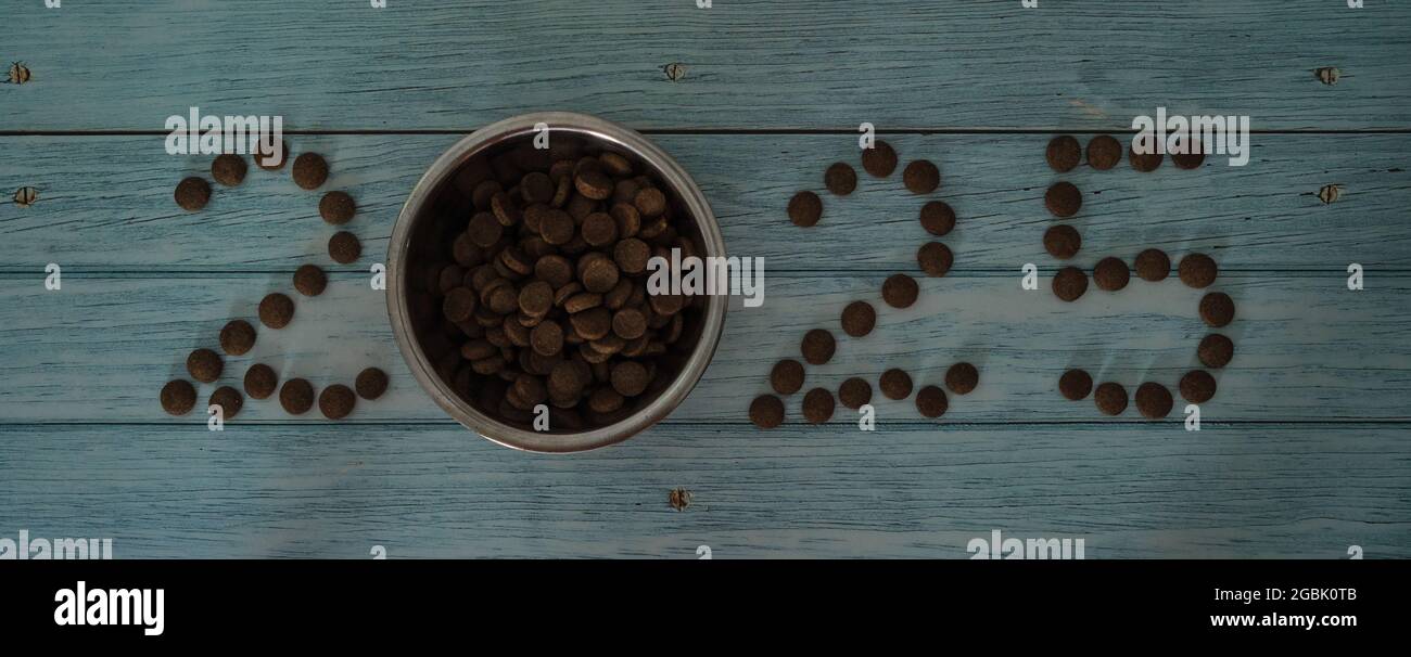 New Year or Christmas concept minimalistic background with the numbers 2025 from cat or dog food. Creative advertising of a pet store. Blue wooden tab Stock Photo