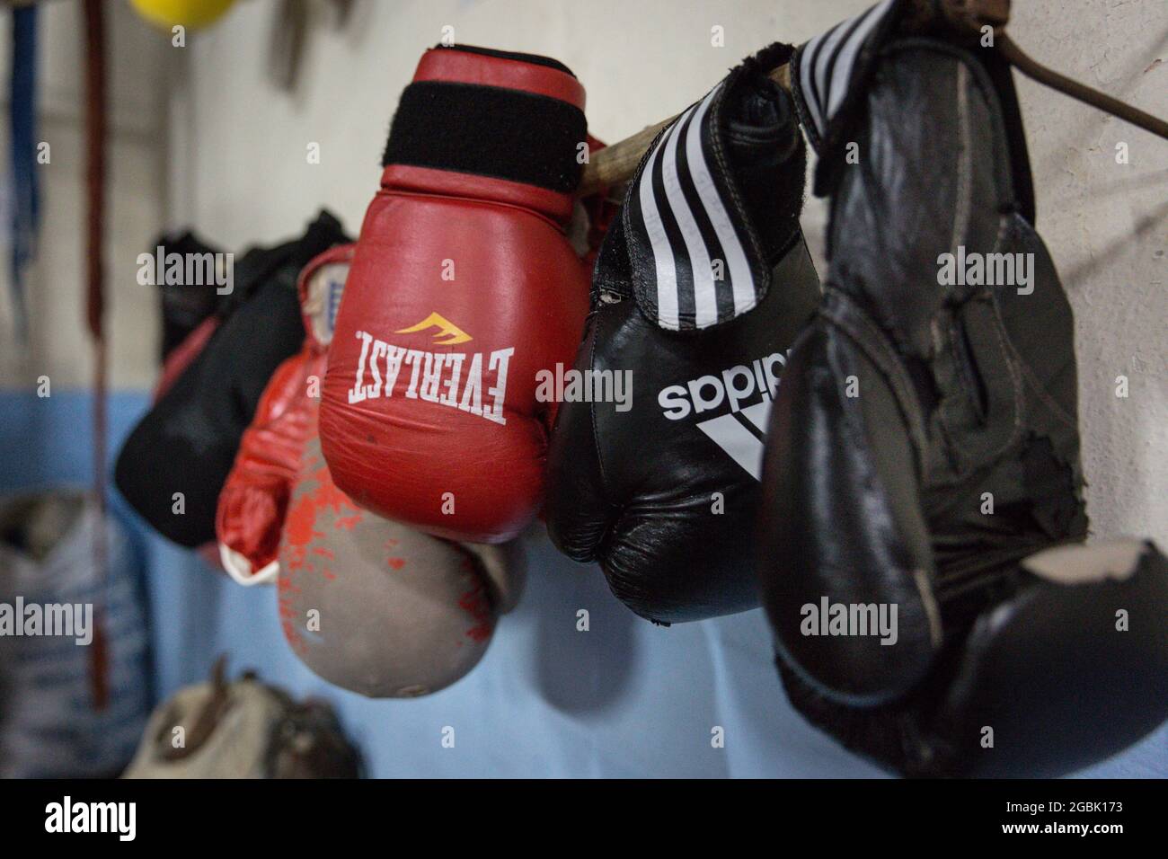 Boxing globes hanging in a gym, Havana, Cuba Stock Photo