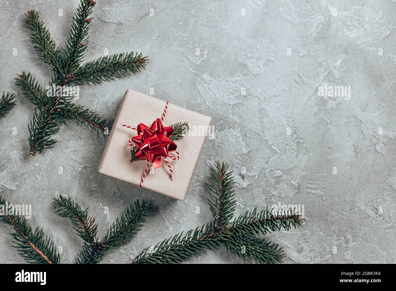 Merry Christmas card or banner made of gift boxes, fir, decorations on