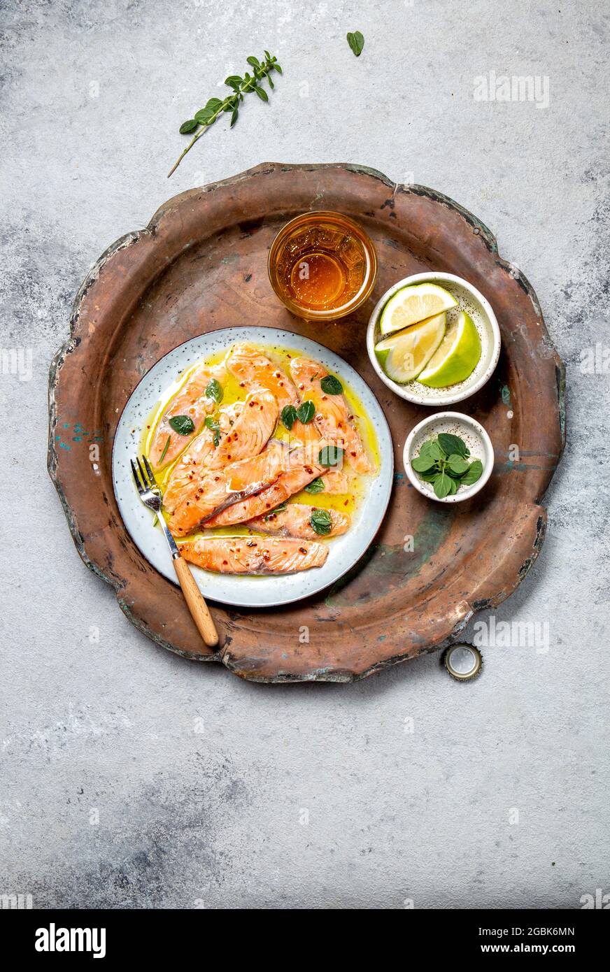 Salmon carpaccio. Salmon marinated in lemon. Top view Stock Photo Alamy