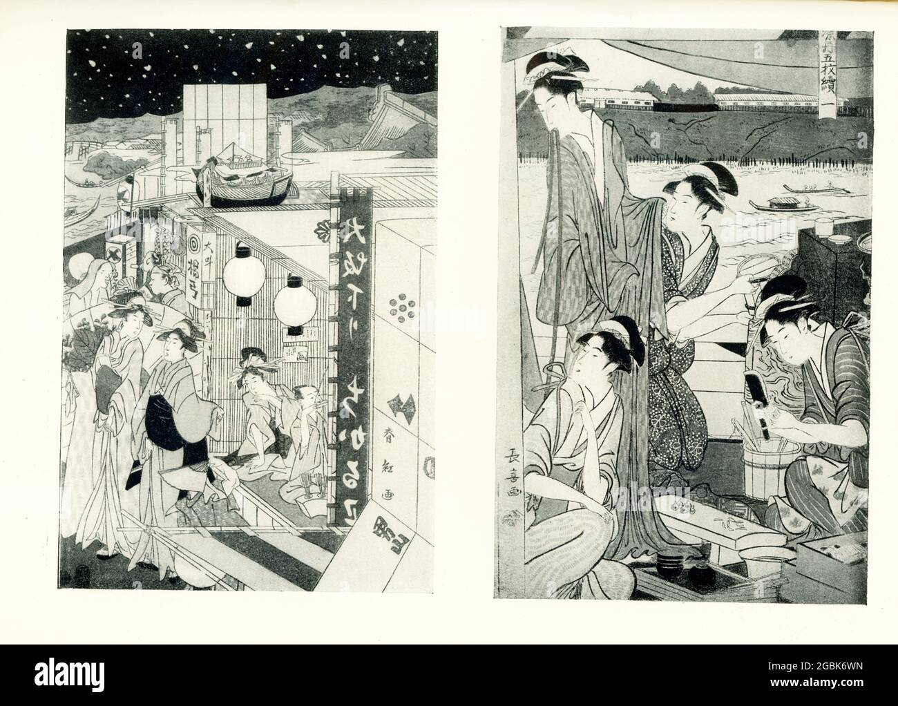 LEFT: Shunko or Shunbeni One sheet of a triptych. Street scene at night; two women passing by an archery-shooting gallery; signed Shunk; seal-dated for 4th month 1807. RIGHT: Choki: One sheet (No. 1) of a pentatypch. “Evening Cooling”; women preparing a meal on a large pleasure boat on the Sumida river; signed Choki; publisher, Tsuta-ya Stock Photo