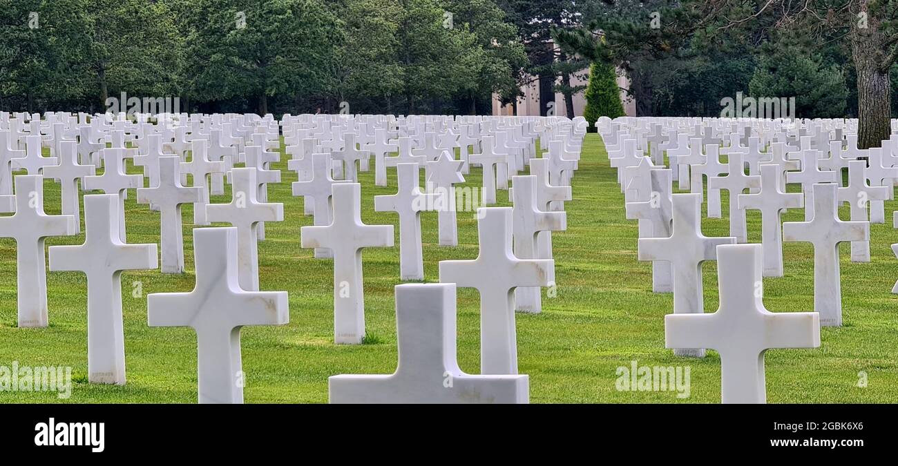 Rows of white crosses at the American war cemetery in Normandy. Stock Photo