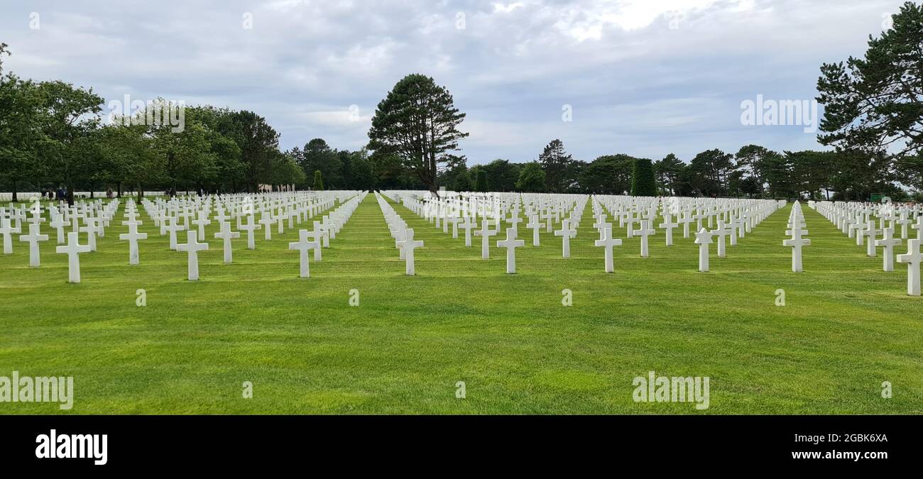 Rows of white crosses at the American war cemetery in Normandy. Stock Photo