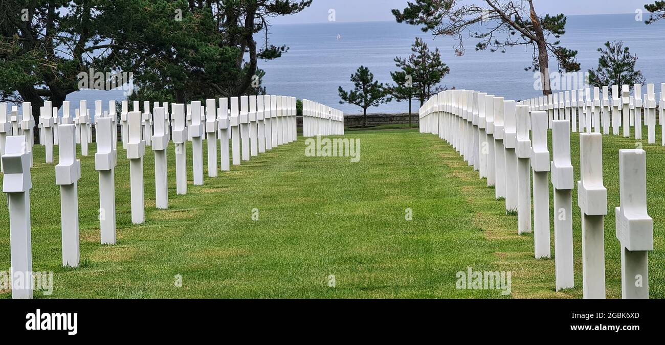 Rows of white crosses at the American war cemetery in Normandy. Stock Photo