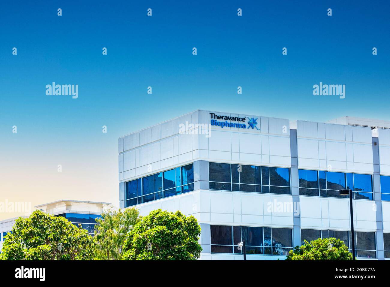 Theravance Biopharma sign on headquarters of biopharmaceutical company focused on discovery, development, commercialization of organ selective medicin Stock Photo