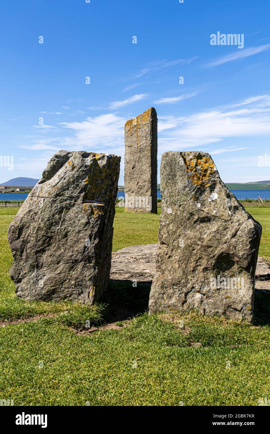 The Standing Stones of Stenness is a Neolithic monument five miles northeast of Stromness on the mainland of Orkney, Scotland. Stock Photo