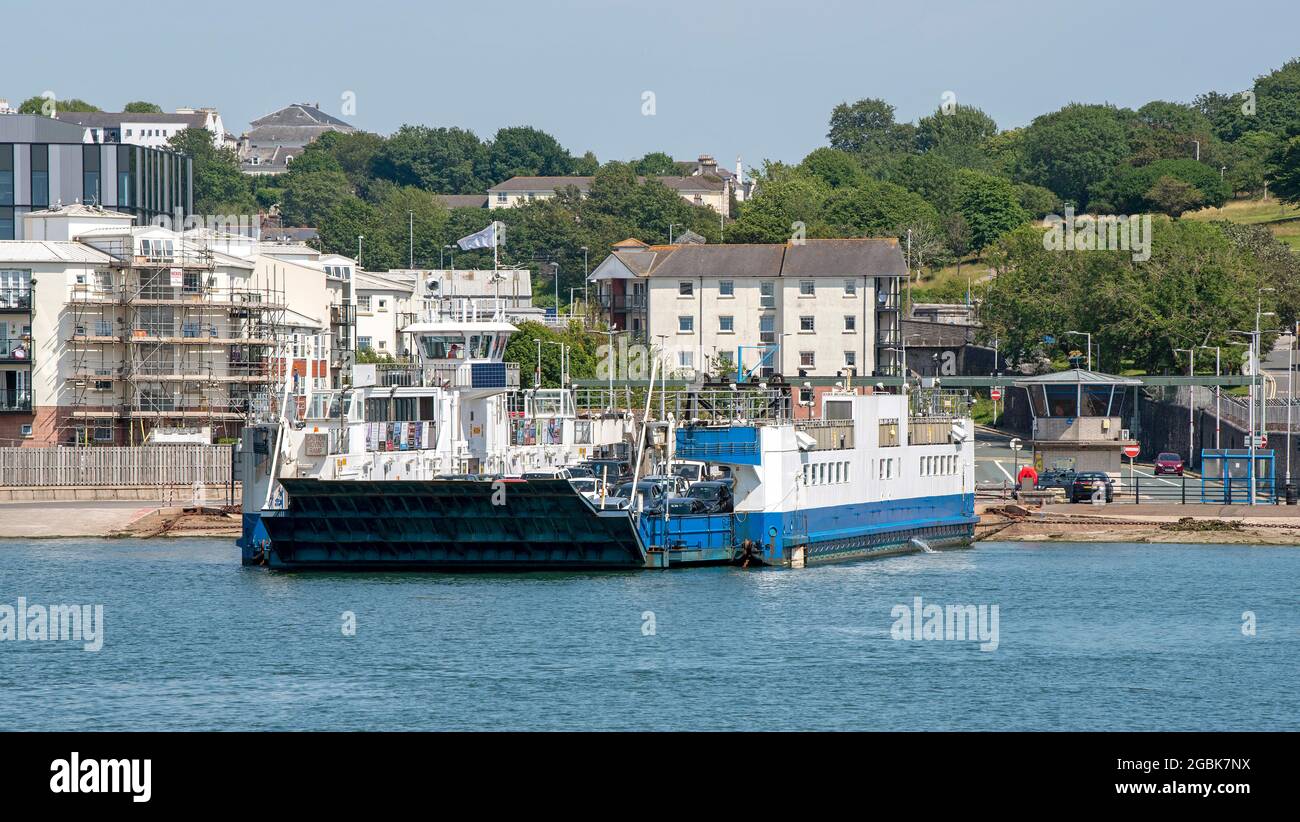 Plymouth, Devon, England, UK. 2021. Roro ferry departing Plymouth crossing the River Tamar to Torpoint in Cornwall. Stock Photo