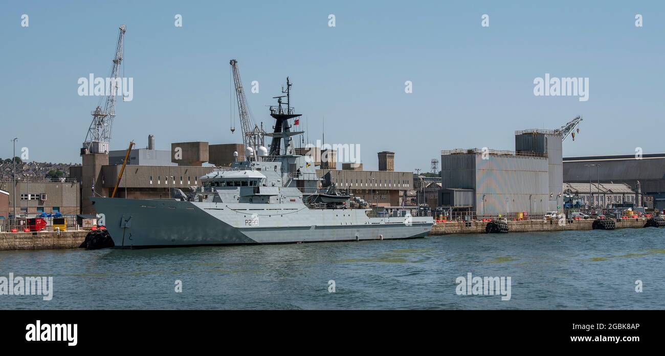 Plymouth, Devon, England, UK. 2021, HMS Mersey a river class off shore patrol vessel, protects the UK fishing rights, alongside in Devonport dockyard, Stock Photo