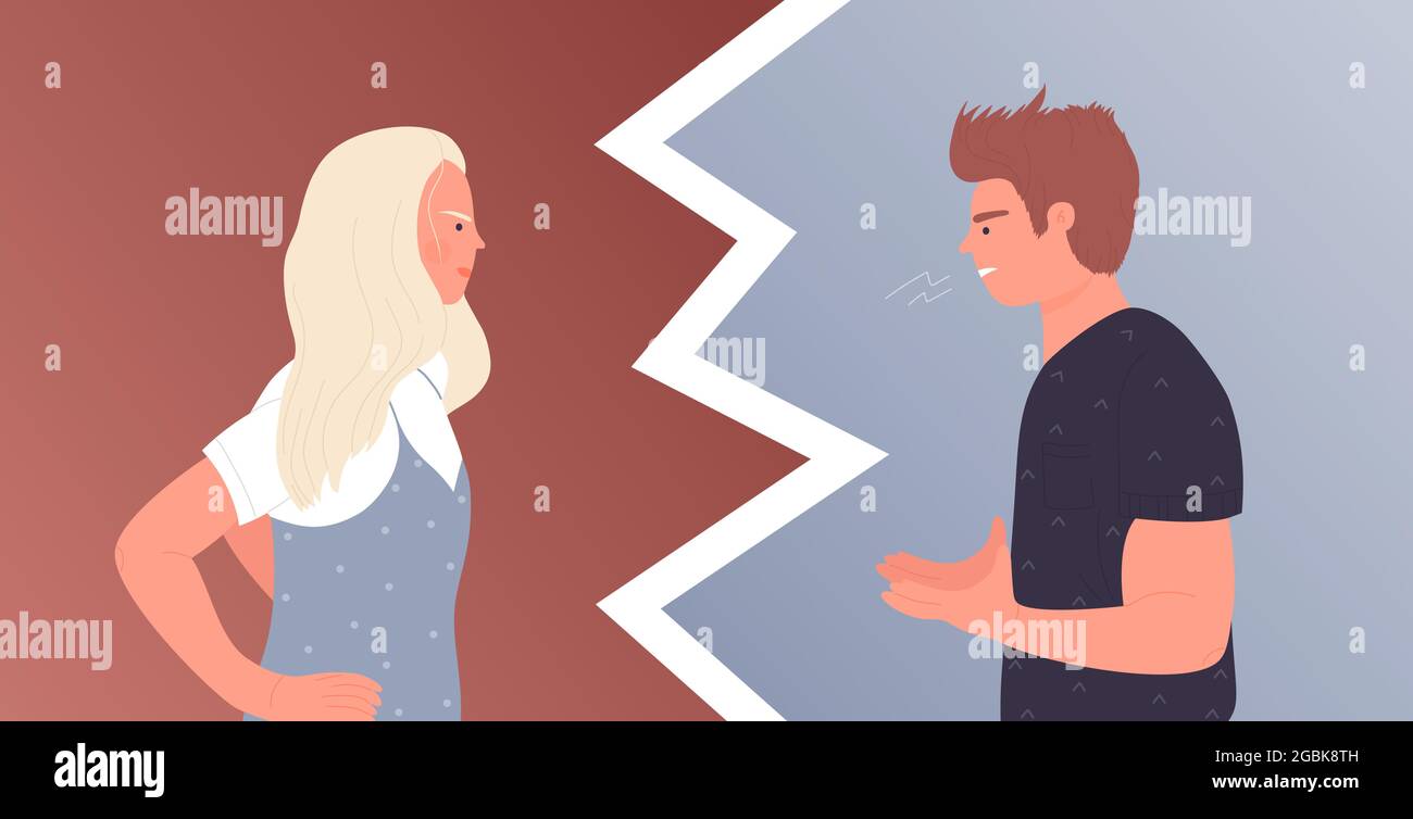 Couple people talk in anger, domestic violence concept vector illustration. Cartoon woman man characters quarrel, angry husband screaming at disagree wife, family confrontation problem background Stock Vector