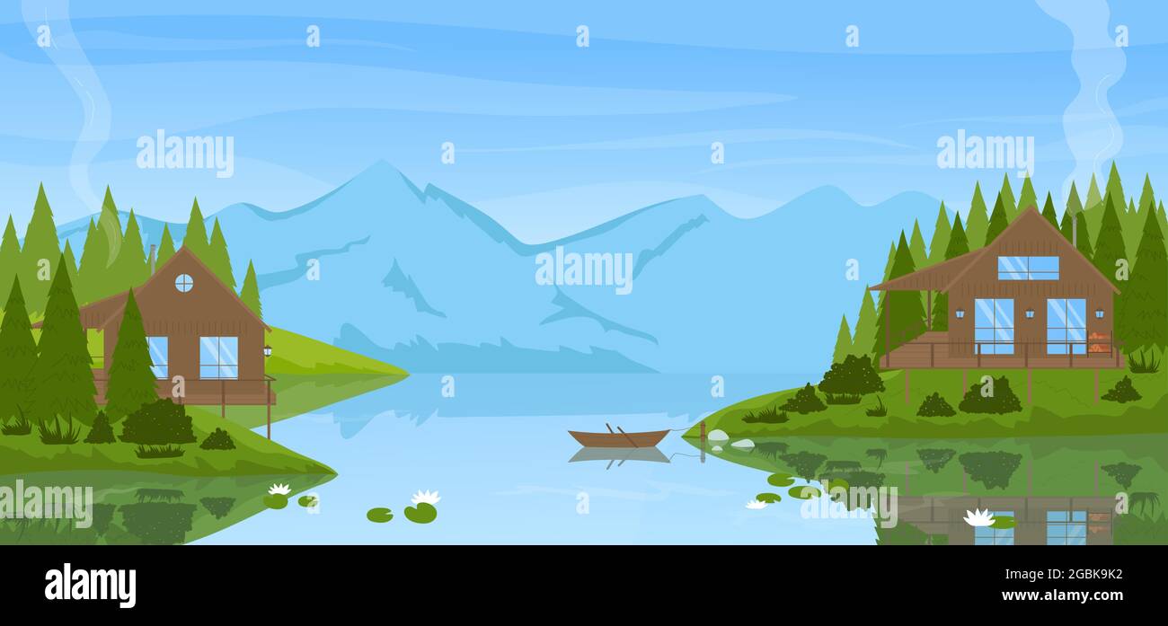 Summer mountain calm landscape with modern wooden houses vector illustration. Cartoon scenic countryside view with green pine forest woods, cabin house by lake, travel vacation scenery background Stock Vector