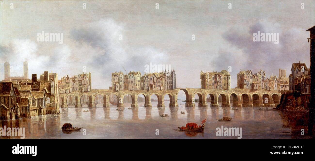 View of London Bridge by Claude de Jongh (1605-1663), oil on panel, 1632 Stock Photo