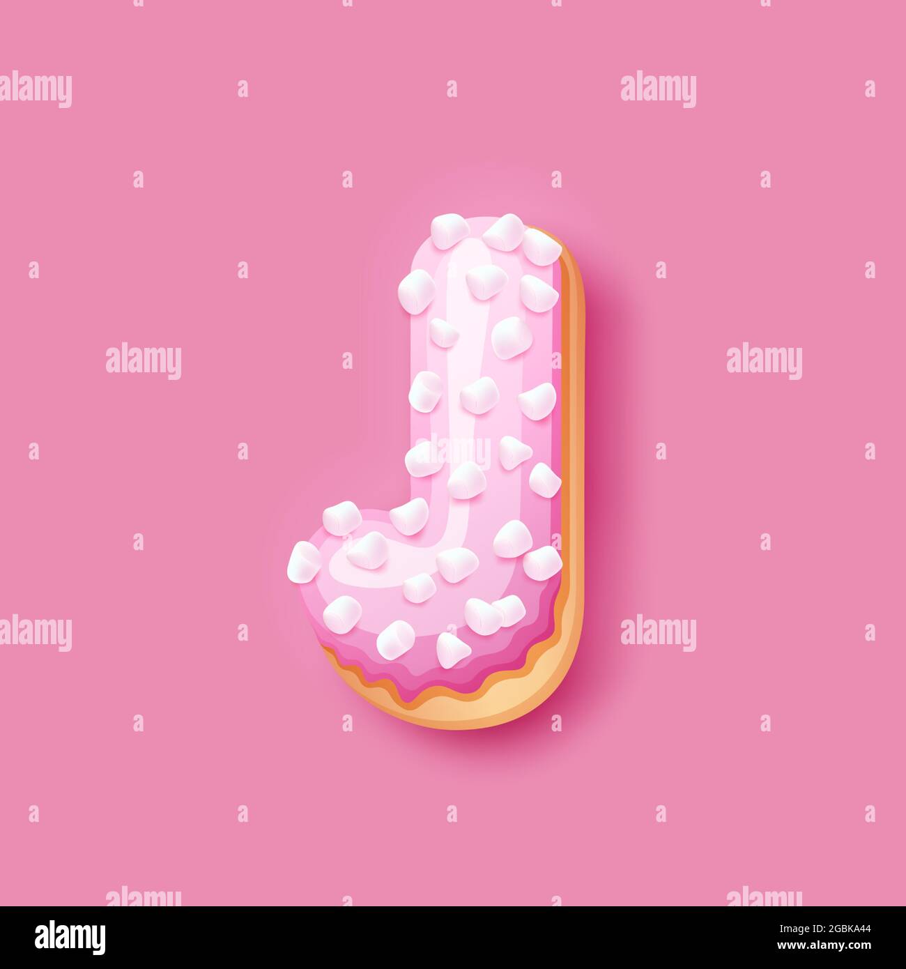 Donut icing pink upper latters - J Font of donuts. Bakery sweet alphabet. Donut alphabet latter J isolated on pink background, vector illustration Stock Vector