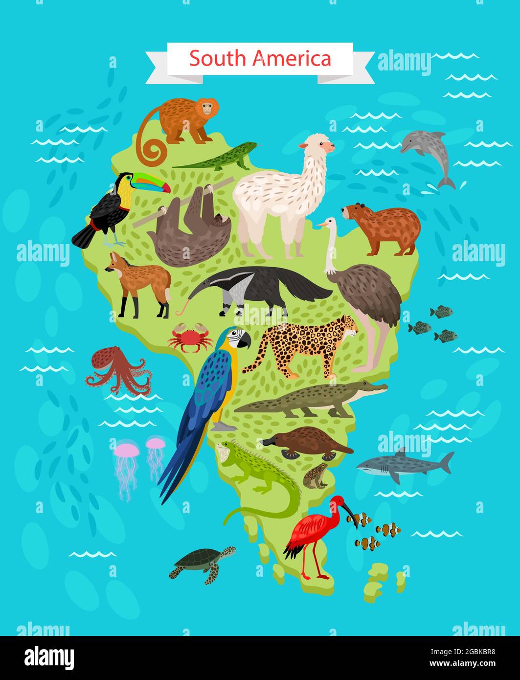 Different animals and Birds on South America Map Stock Vector
