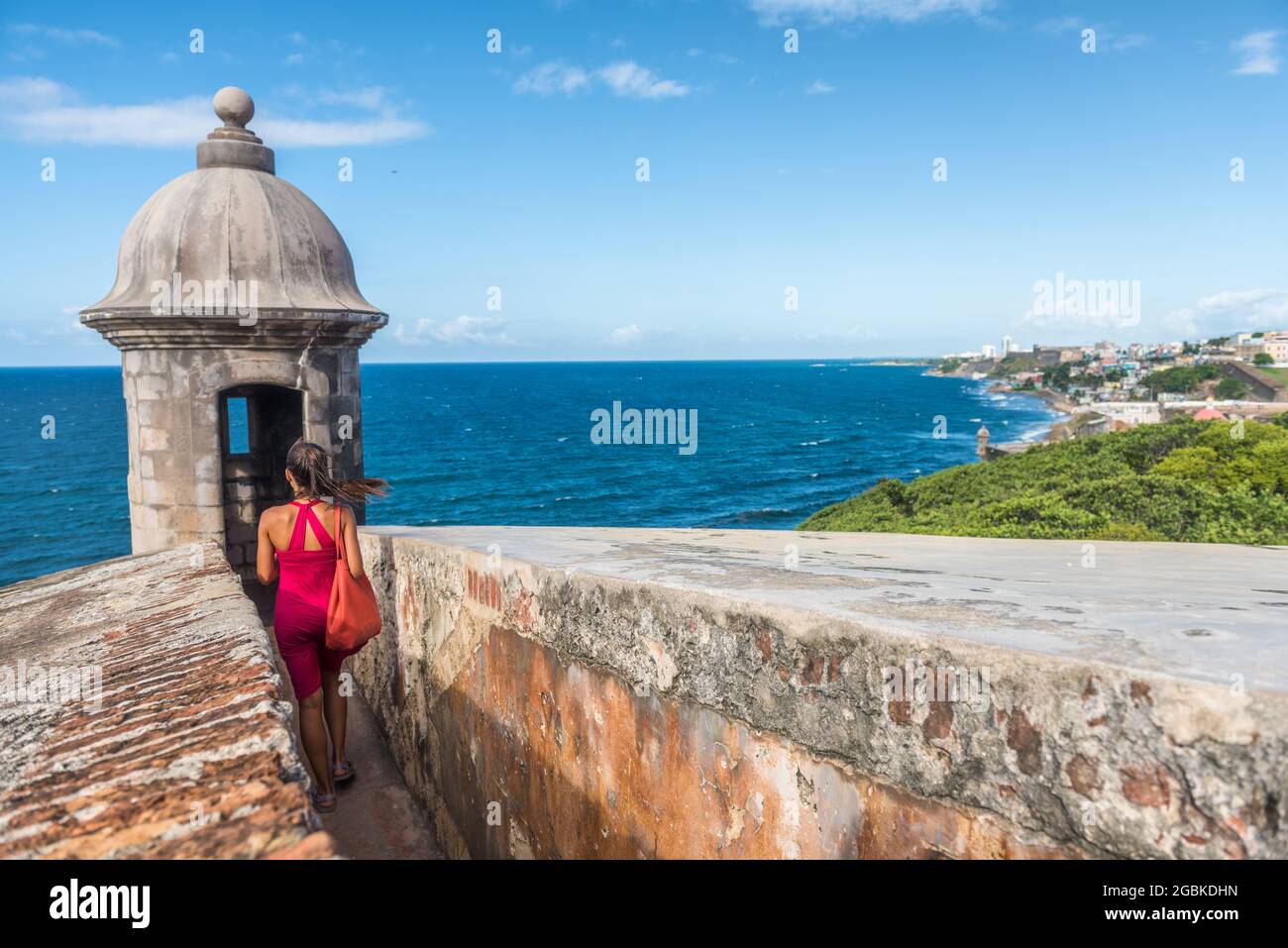 Puerto Rico travel cruise ship destination people walking at Castillo San Felipe del Morro in Old San Juan city summer vacation Stock Photo