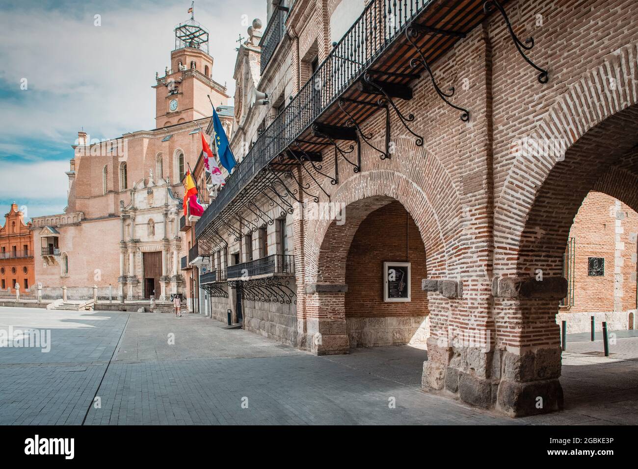 Medina del Campo, Valladolid, Spain; July 23, 2021: Town hall and church in the main square Stock Photo