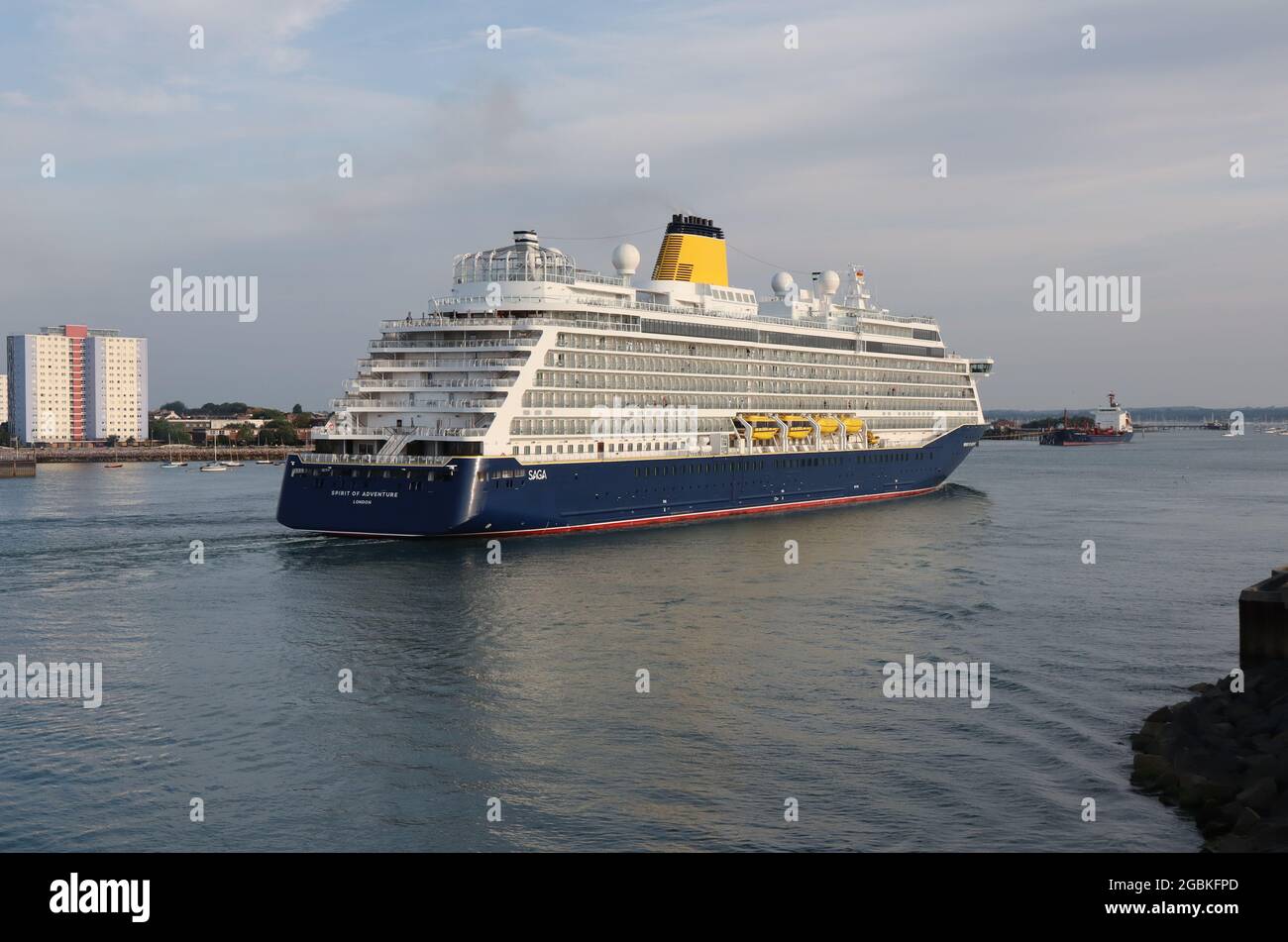 The SAGA operated cruise ship SPIRIT OF ADVENTURE makes its way towards the International Port terminal Stock Photo