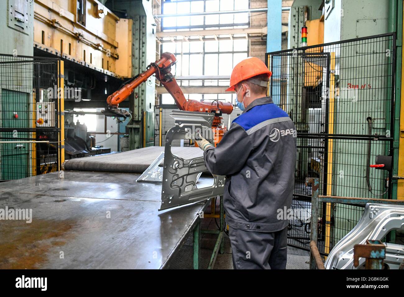 ZAPORIZHZHIA, UKRAINE - AUGUST 4, 2021 - A employee is seen at work at the Zaporizhzhia Automobile Building Plant, Zaporizhzhia, southeastern Ukraine. Stock Photo