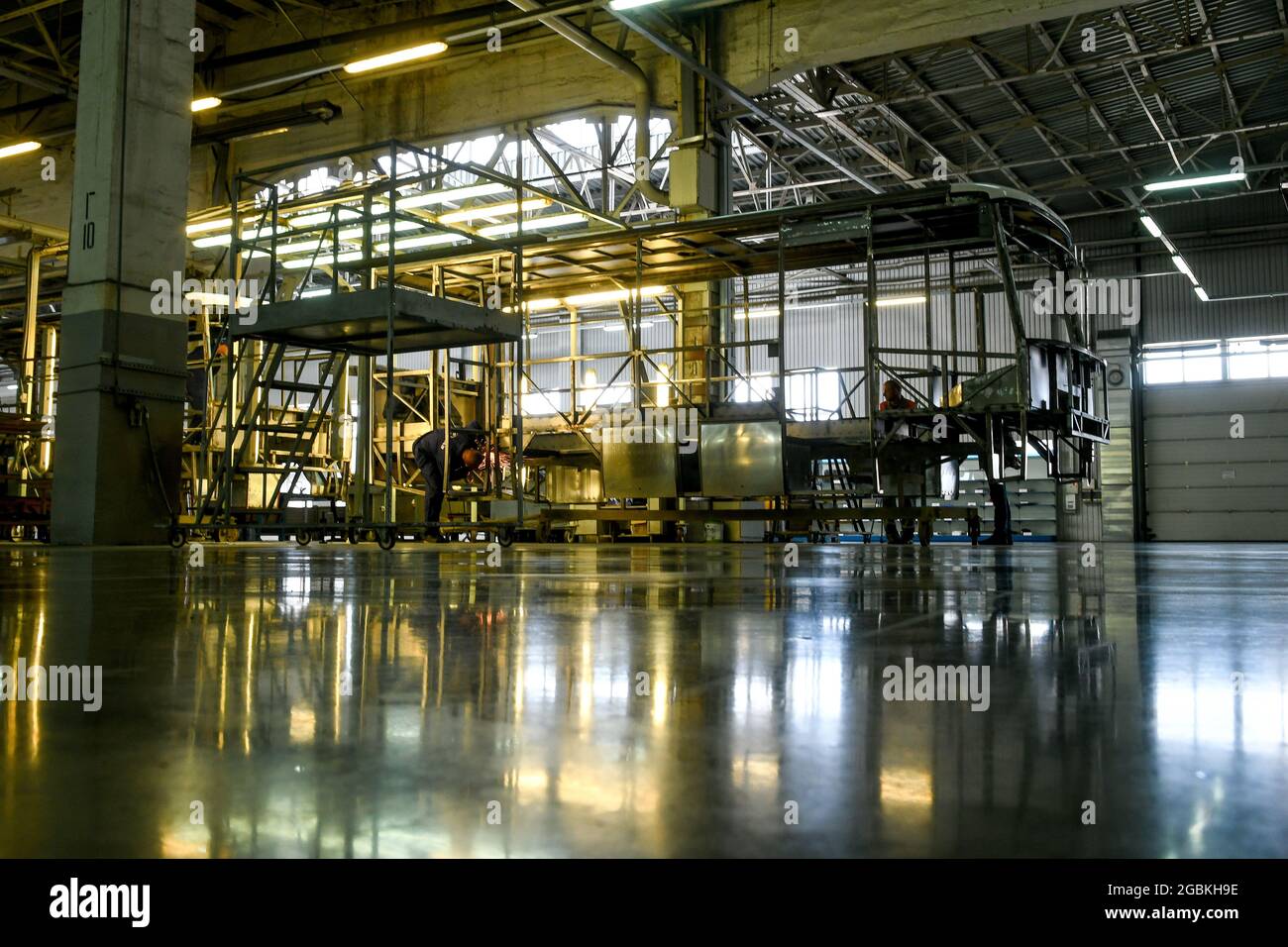 ZAPORIZHZHIA, UKRAINE - AUGUST 4, 2021 - The frame is pictured on the shop floor at the Zaporizhzhia Automobile Building Plant that launched the produ Stock Photo
