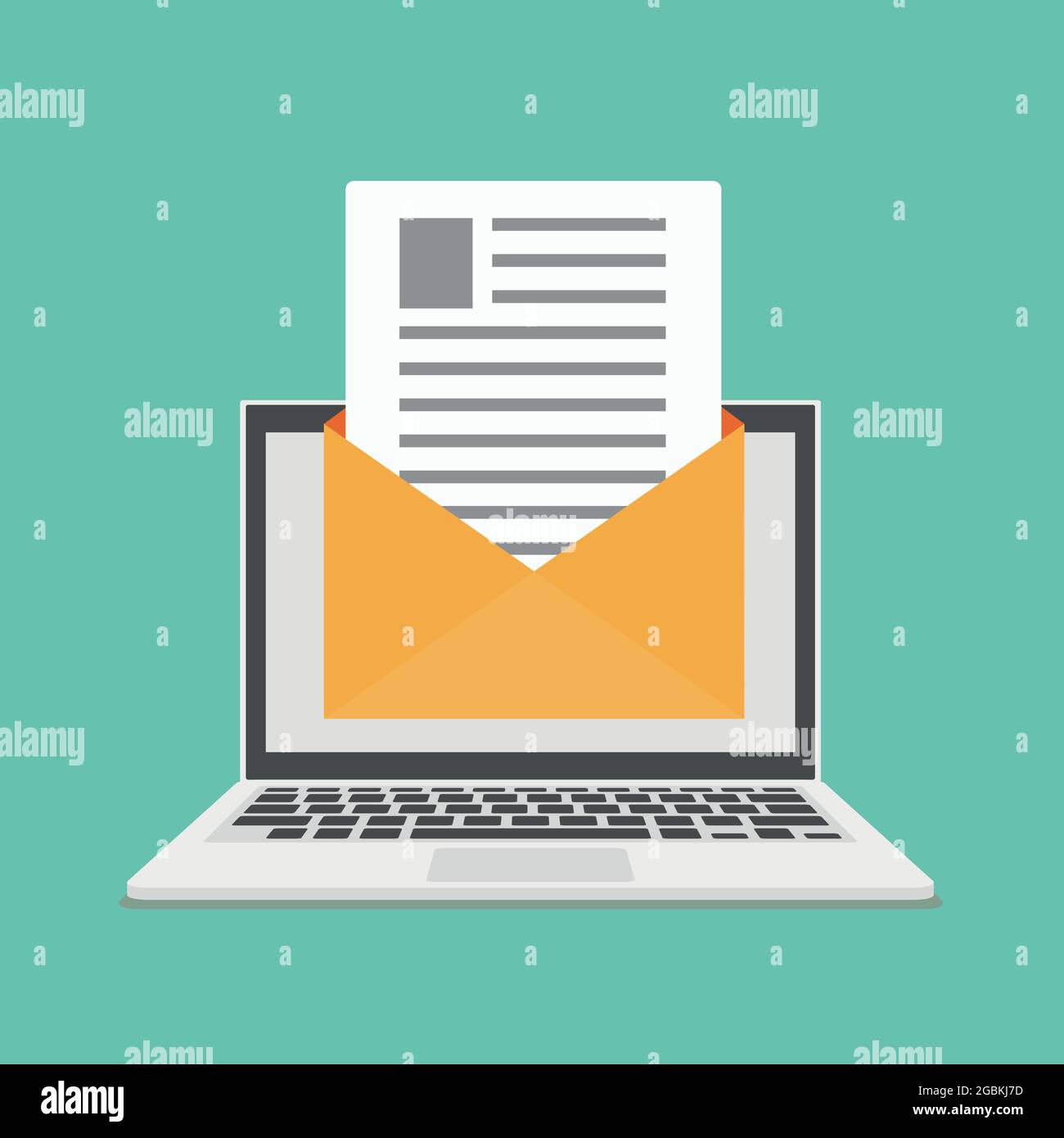 Laptop with new email envelope. Computer and document on screen. Flat