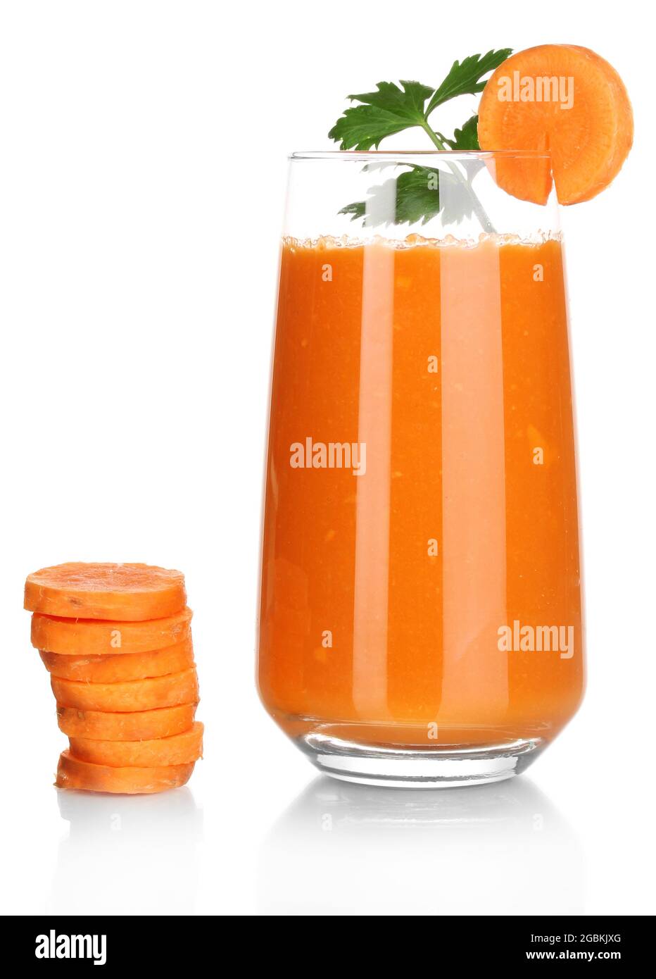 Glass of carrot juice and fresh carrots isolated on white Stock Photo