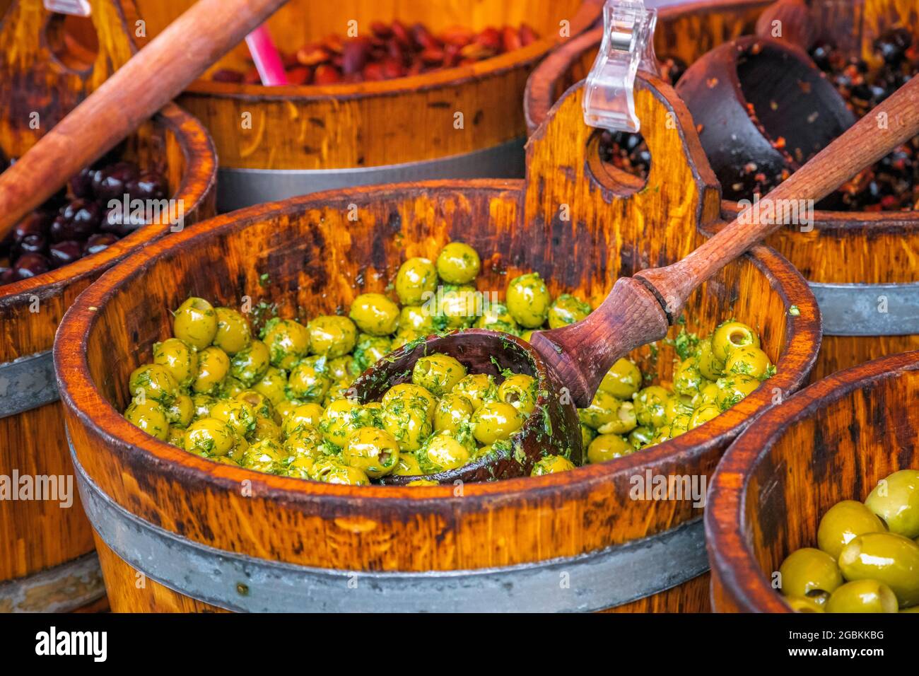 Assortment of marinated olives on display at Broadway market, a street market in Hackney, East London Stock Photo