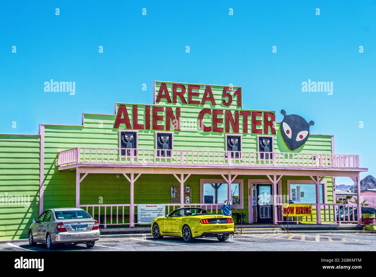 2021 05 25 Las Vegas USA- Area 51 Alien Center convience store and gas station on highway from Vegas to Death Valley with alien decor - yellow convert Stock Photo