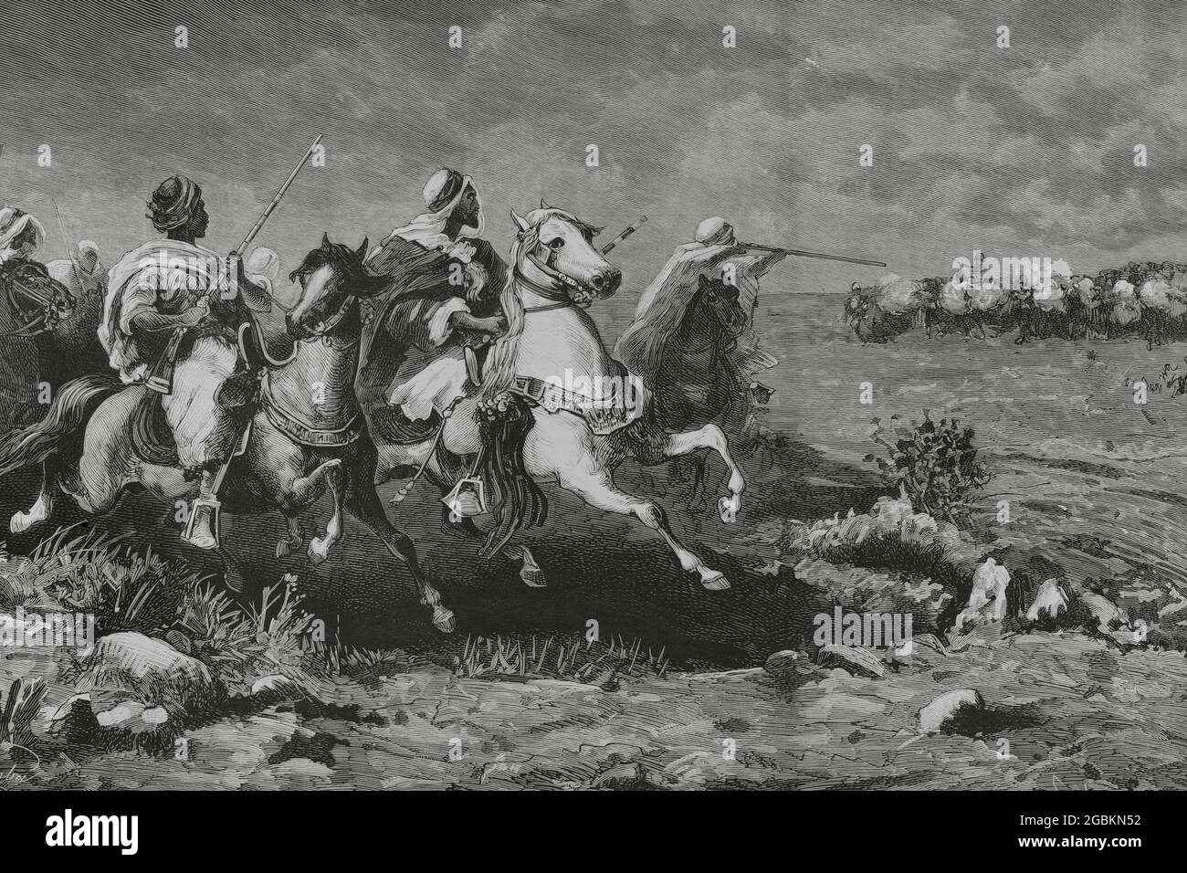 English occupation of Egypt, 1882. Population of Tel-el-Kebir (Lower Egypt). Bedouin horsemen attacking the British outposts. Drawing by Comba. Engraving by Tomás Carlos Capuz. La Ilustración Española y Americana, 1882. Stock Photo