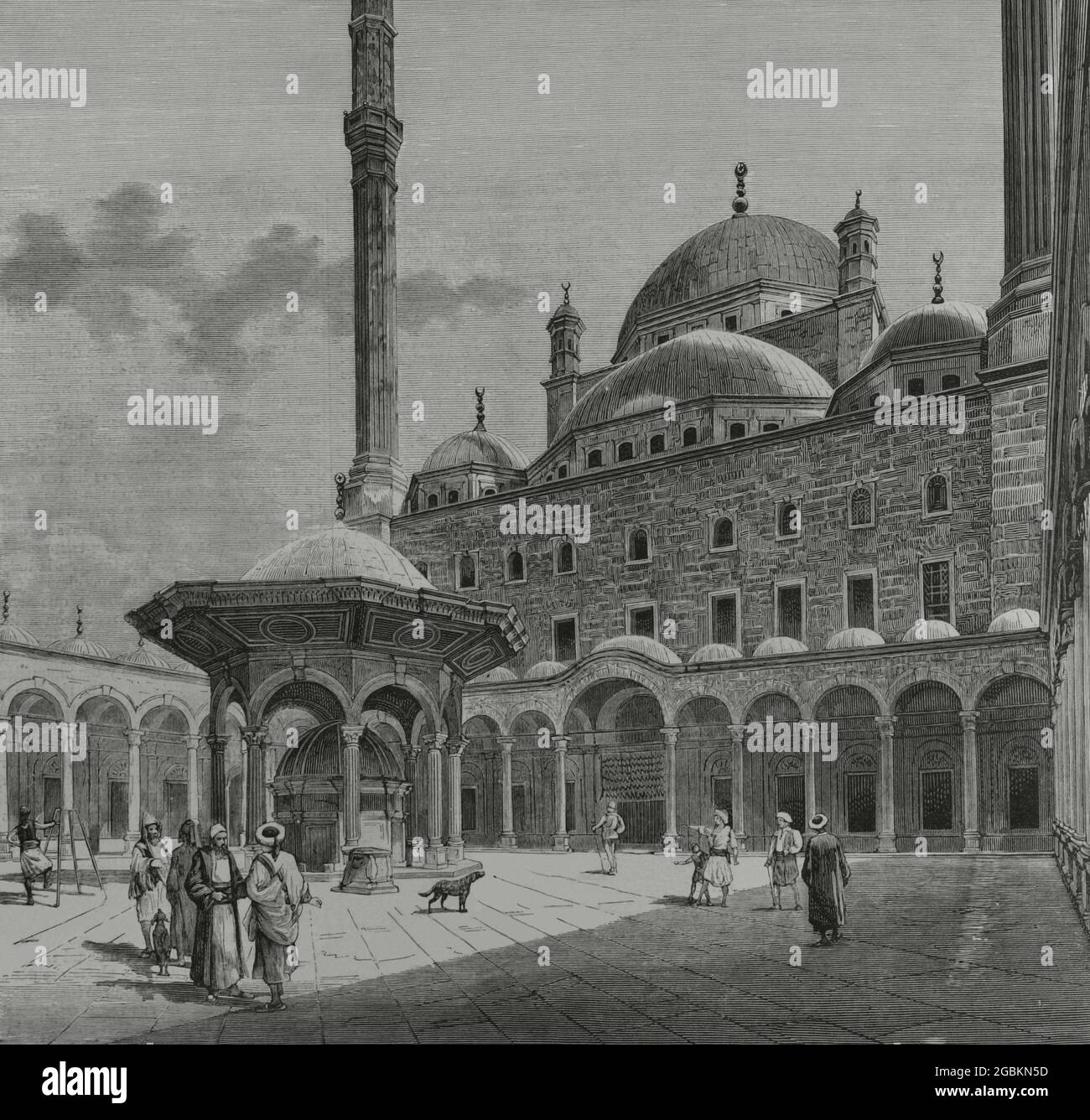 Egypt, Cairo. Courtyard and ablution fountain in the Mosque-Madrasa of Sultan Hassan. Engraving. La Ilustración Española y Americana, 1882. Stock Photo