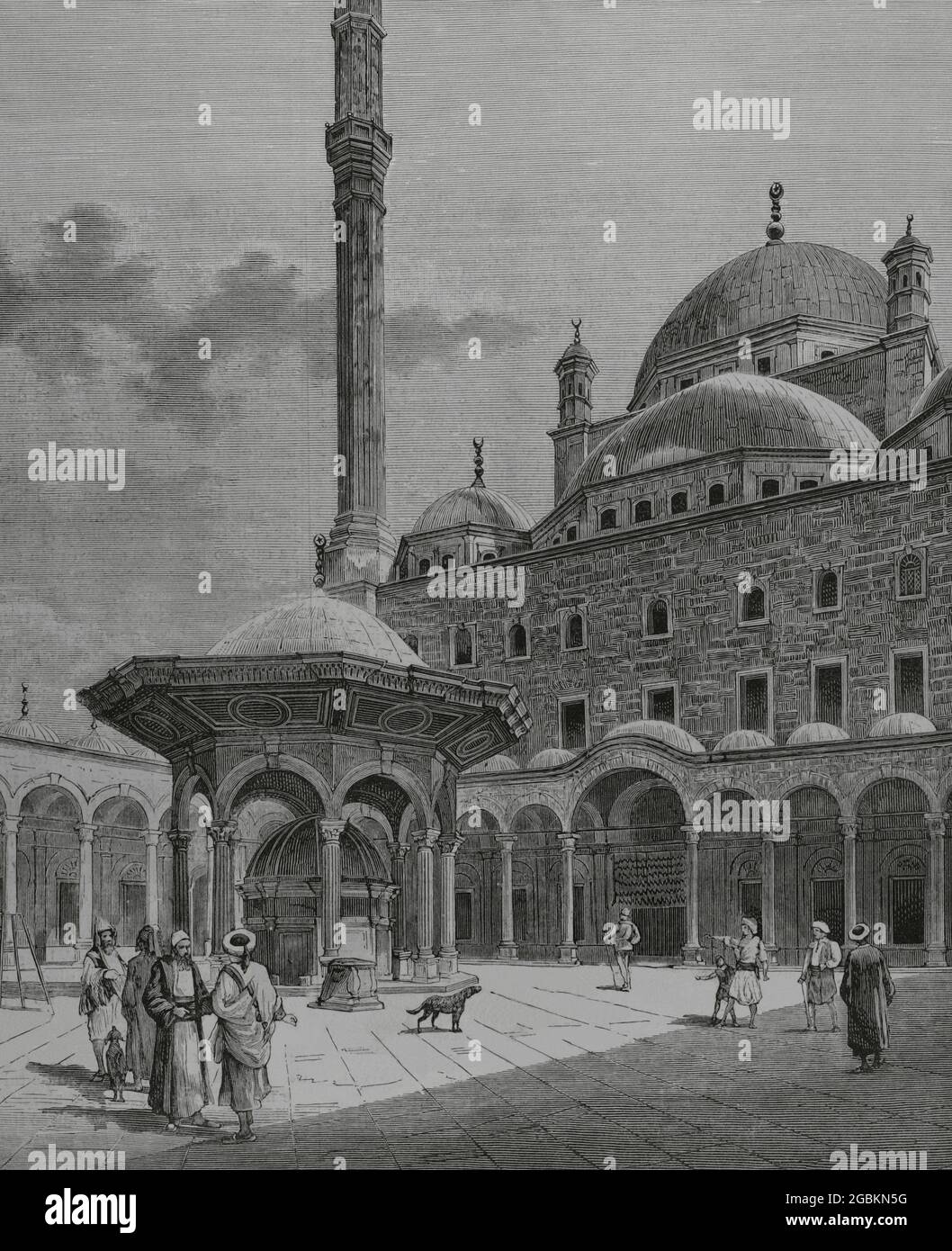 Egypt, Cairo. Courtyard and ablution fountain in the Mosque-Madrasa of Sultan Hassan. Engraving. La Ilustración Española y Americana, 1882. Stock Photo