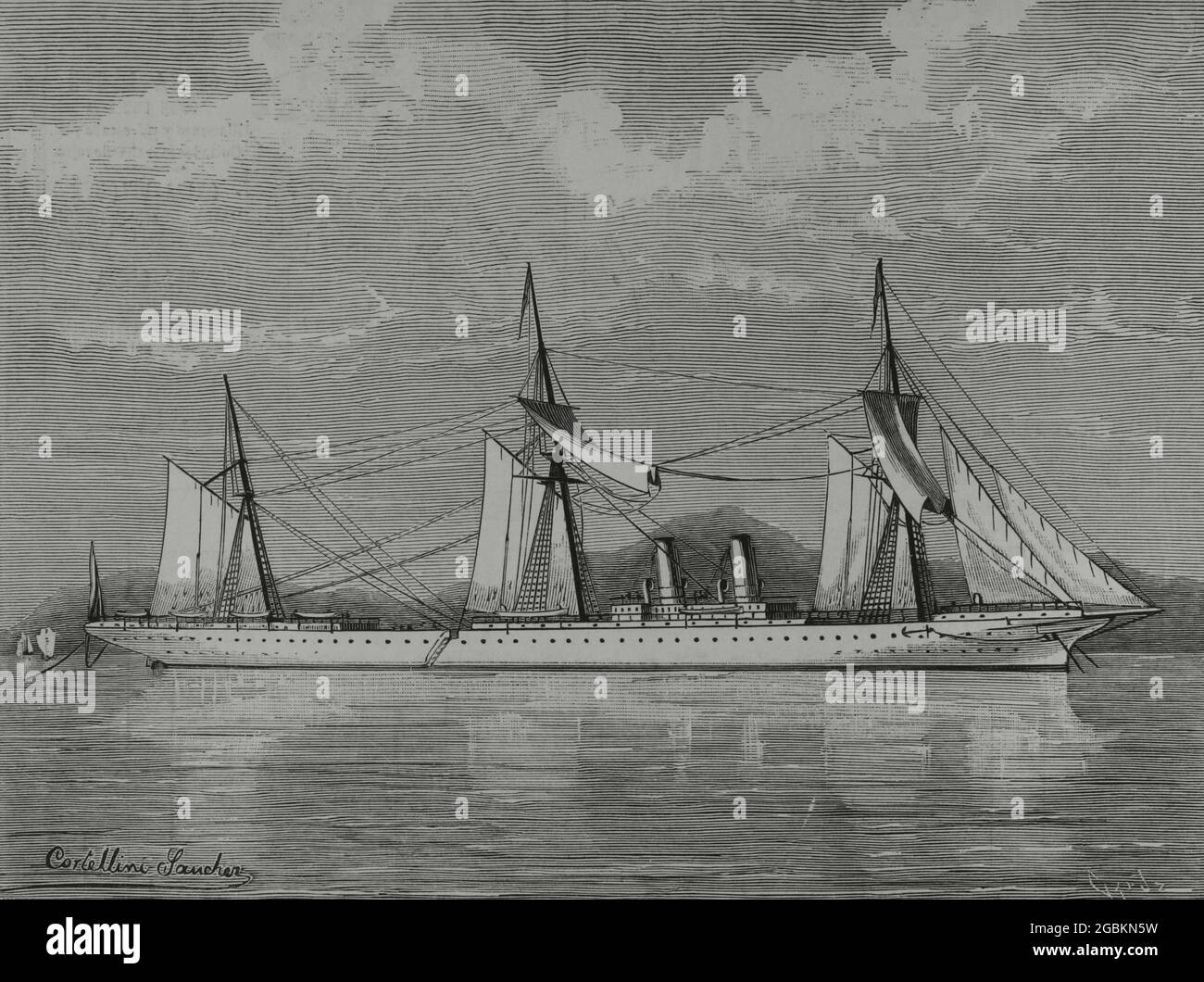 Merchant marine. The 'Stirling Castle'. English steam clipper, specifically built for importing tea. Drawing by Cortellini Sánchez. Engraving by Capuz. La Ilustración Española y Americana, 1882. Stock Photo
