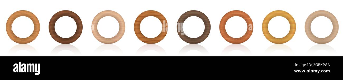 Wooden rings. Collection of polished wood circles, different colors, glazes, textures from various trees - brown, dark, gray, light, red, yellow. Stock Photo