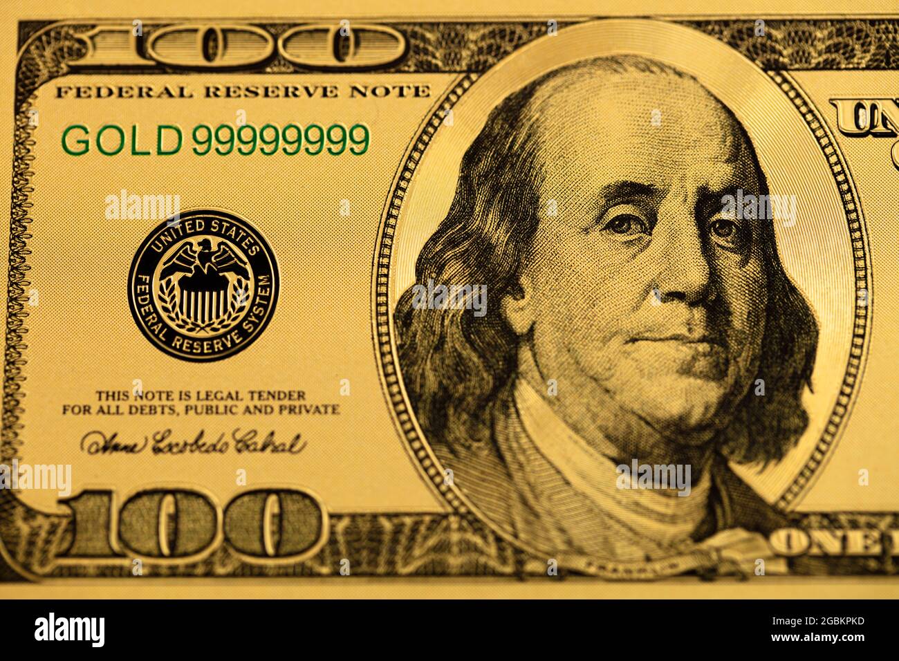 golden 100 US dollar banknote for design purpose Stock Photo - Alamy