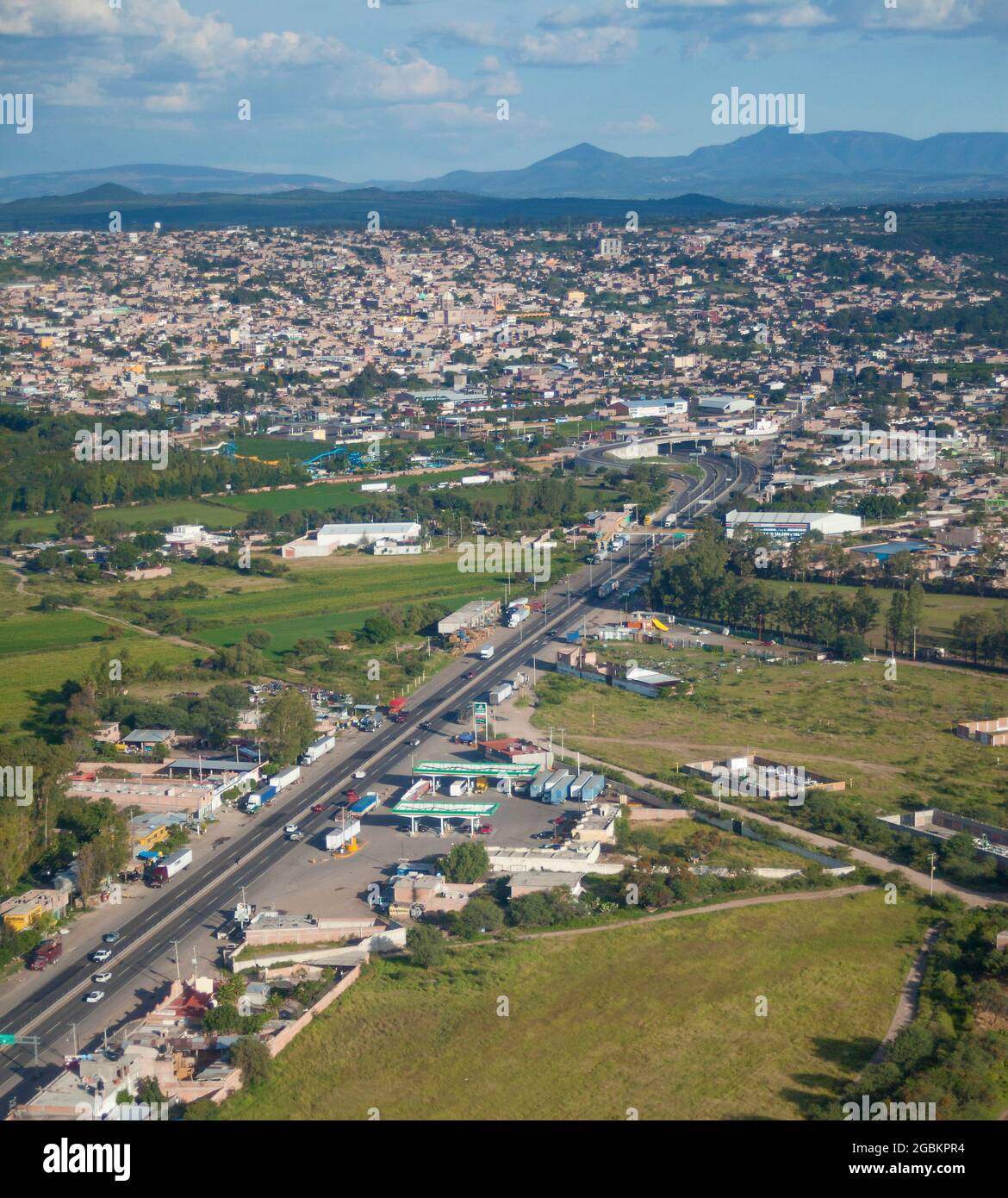 Traffic on highway in central Mexico aerial Stock Photo