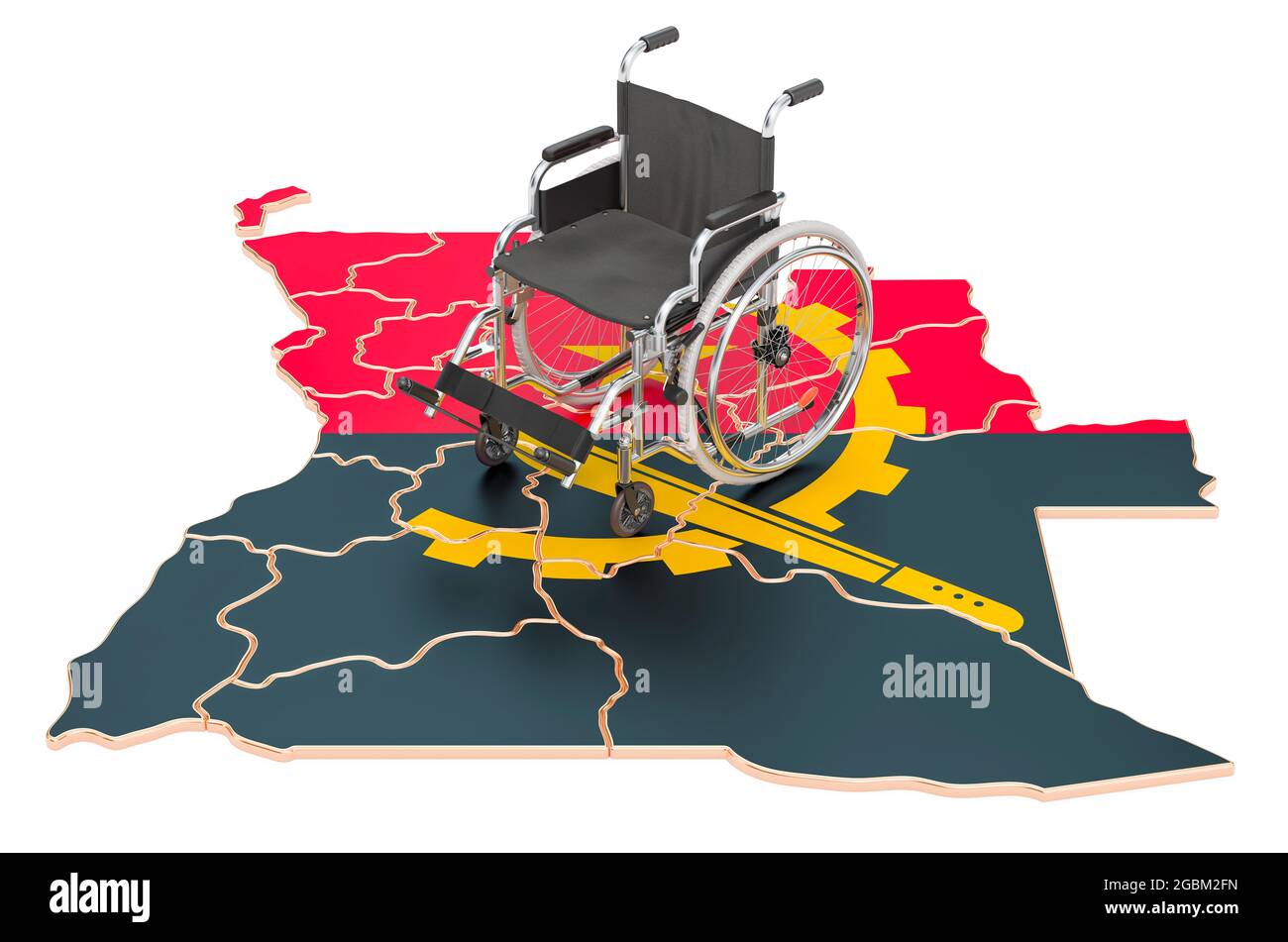 Wheelchair with Angolan flag. Disability in Angola concept, 3D