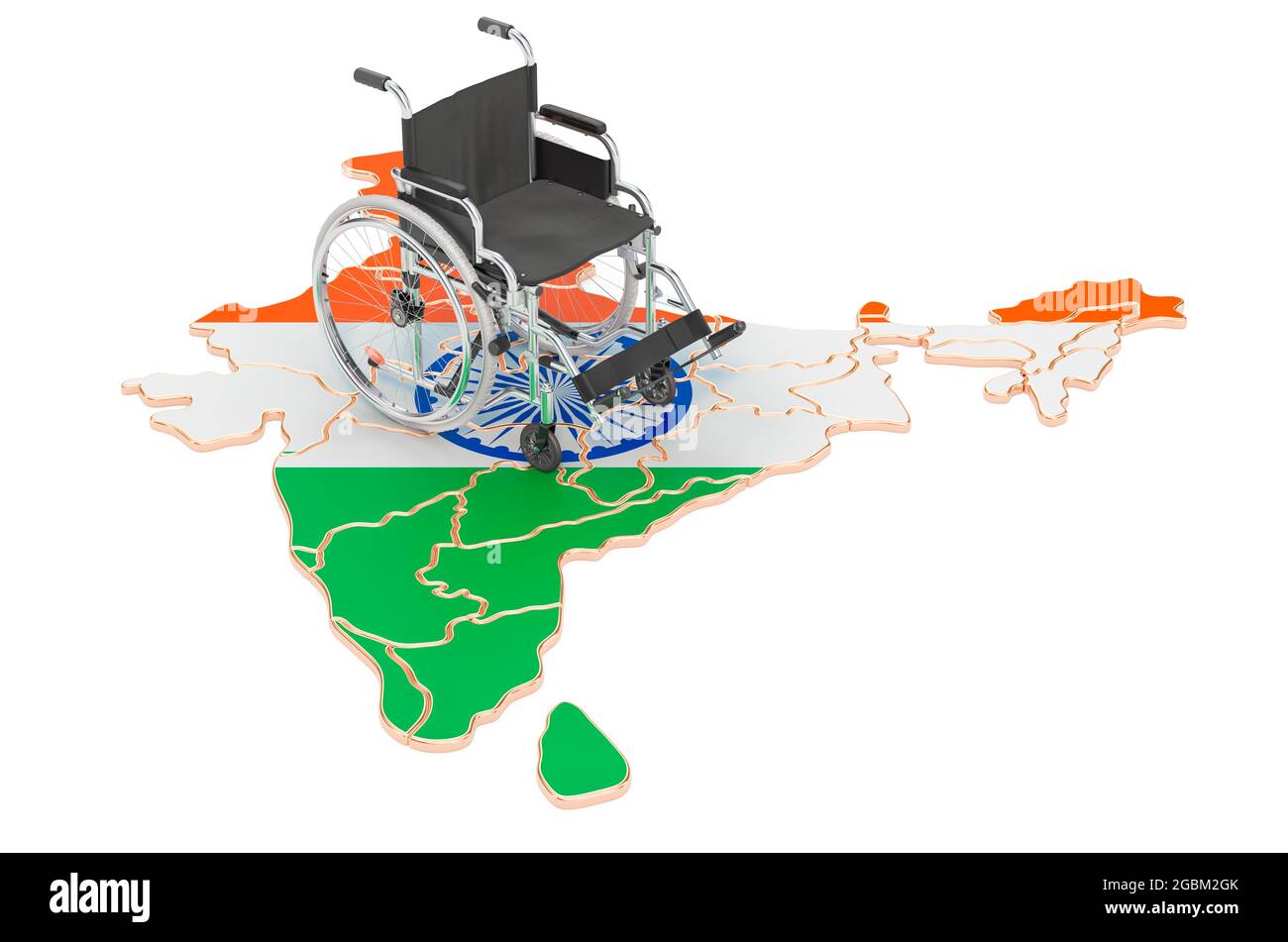 Wheelchair with Indian flag. Disability in India concept, 3D rendering isolated on white