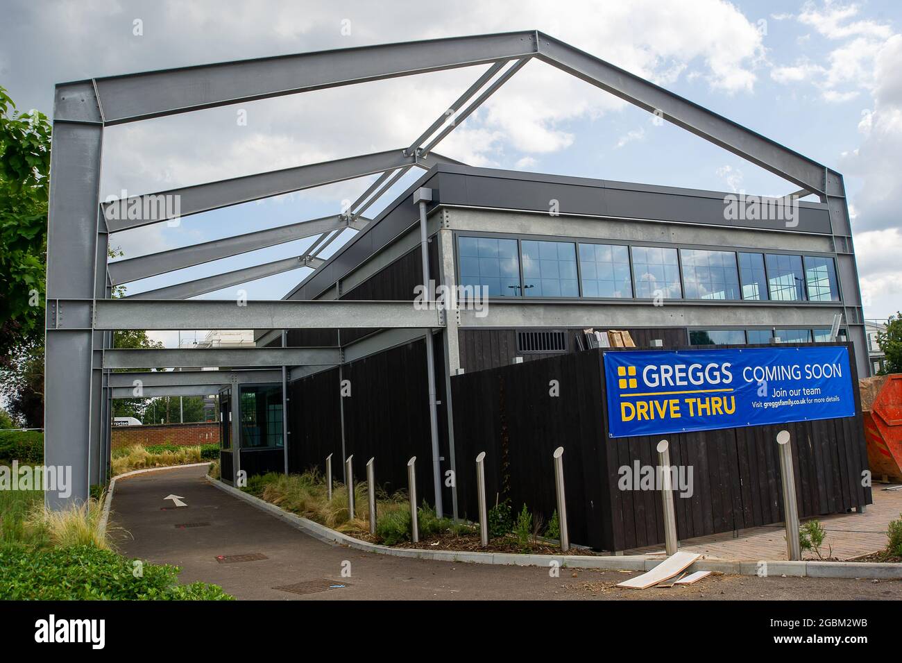 Slough, Berkshire, UK. 4th August, 2021. A new Greggs Drive Thru store is under construction in Slough. Bakers Greggs have announced that they are to recruit an additional 500 staff across their stores and that they plan to open another 100 branches this year. Credit: Maureen McLean/Alamy Live News Stock Photo