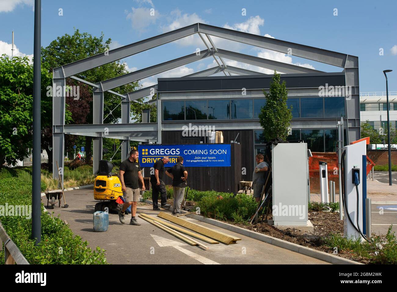 Slough, Berkshire, UK. 4th August, 2021. A new Greggs Drive Thru store is under construction in Slough. Bakers Greggs have announced that they are to recruit an additional 500 staff across their stores and that they plan to open another 100 branches this year. Credit: Maureen McLean/Alamy Live News Stock Photo