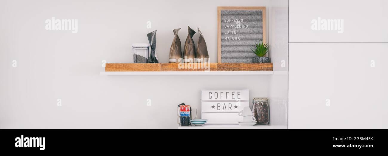 Coffee shop menu sign on wall shelves hipster trendy store for espresso shots. Header panoramic background .Felt letter board lightbox showing text Stock Photo
