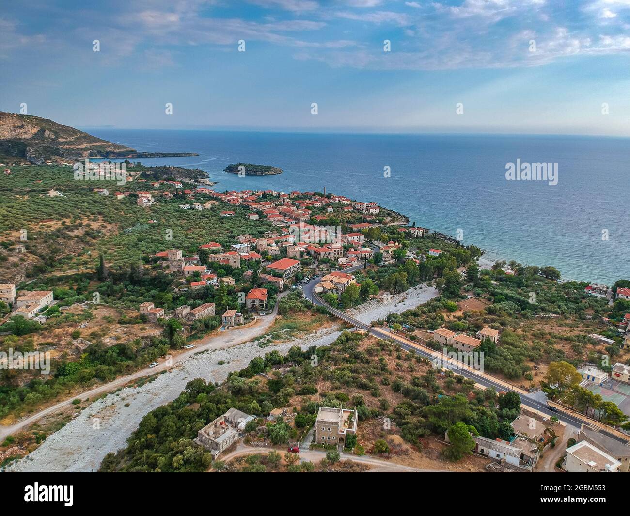 Aerial view of the wonderful seaside village of Kardamyli, Greece located in the Messenian Mani area. It's one of the most beautiful places to visit Stock Photo